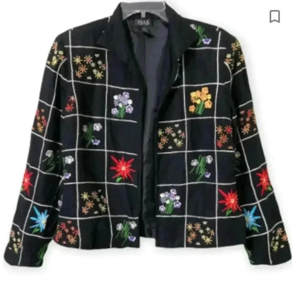Designer Linen Jacket Cardigan Size 4 MAK Of NEW YORK Embroidered Floral‎